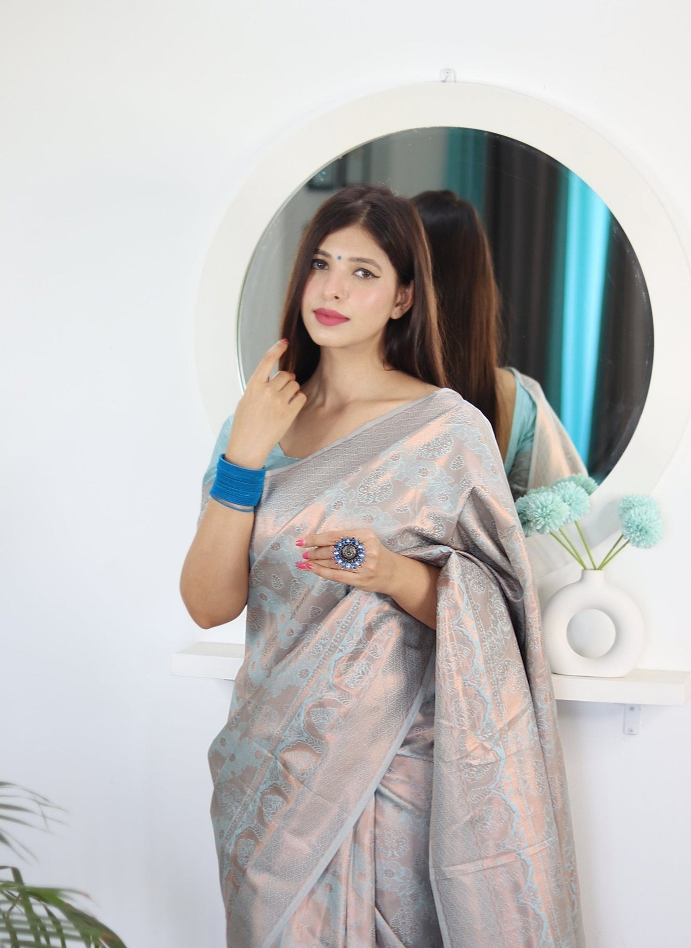 Dodger Blue Pure Satin Silk Saree With Snappy Blouse Piece - Almaari Fashion