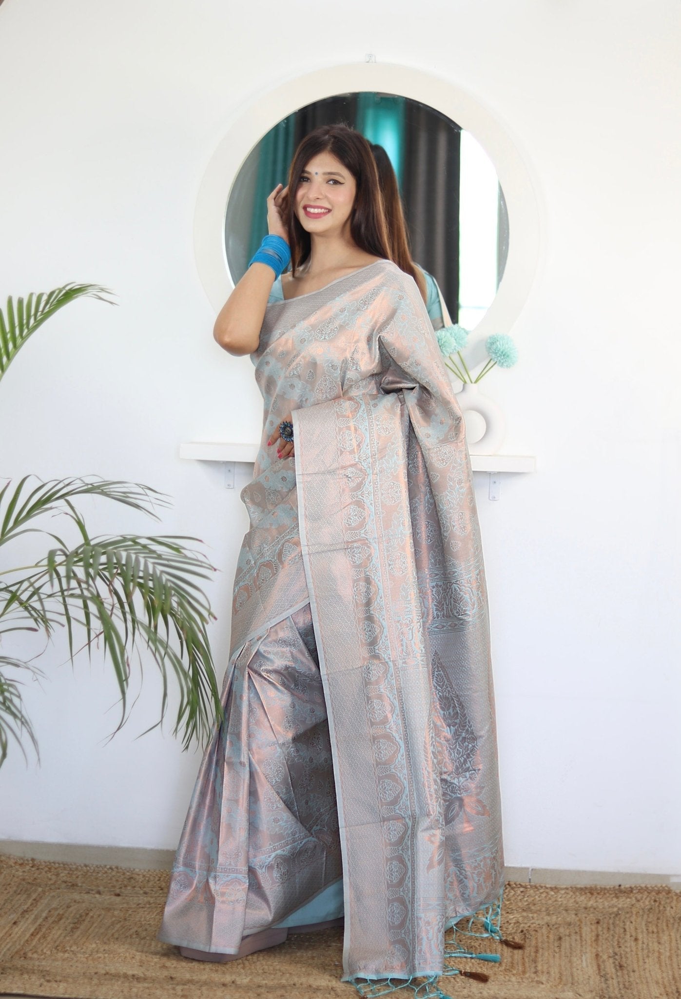 Dodger Blue Pure Satin Silk Saree With Snappy Blouse Piece - Almaari Fashion