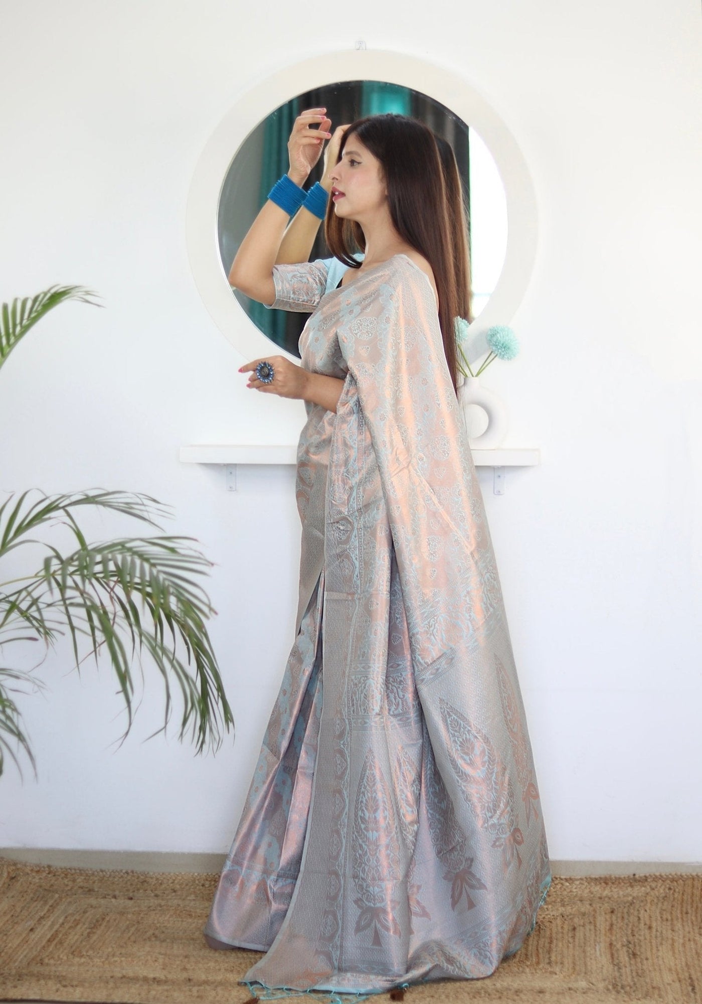 Dodger Blue Pure Satin Silk Saree With Snappy Blouse Piece - Almaari Fashion