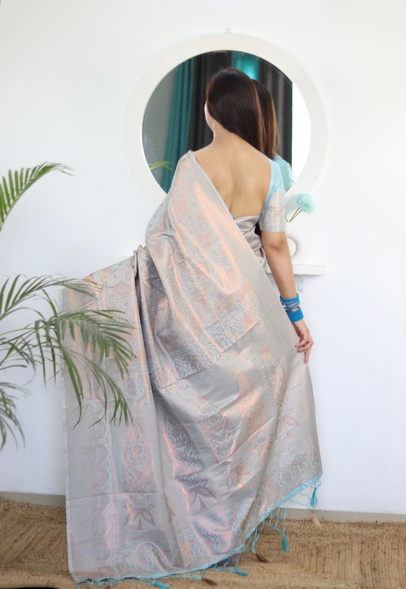 Dodger Blue Pure Satin Silk Saree With Snappy Blouse Piece - Almaari Fashion