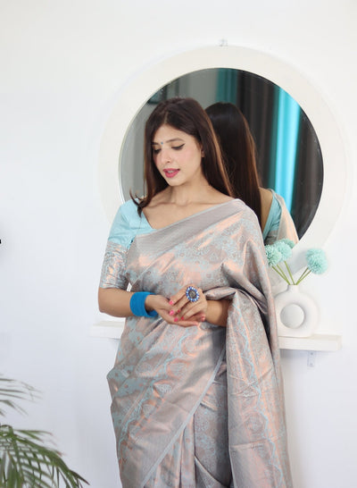 Dodger Blue Pure Satin Silk Saree With Snappy Blouse Piece - Almaari Fashion