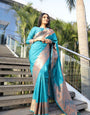 Elegant Firozi Pure Kanjivaram Silk Saree With Tempting Blouse Piece