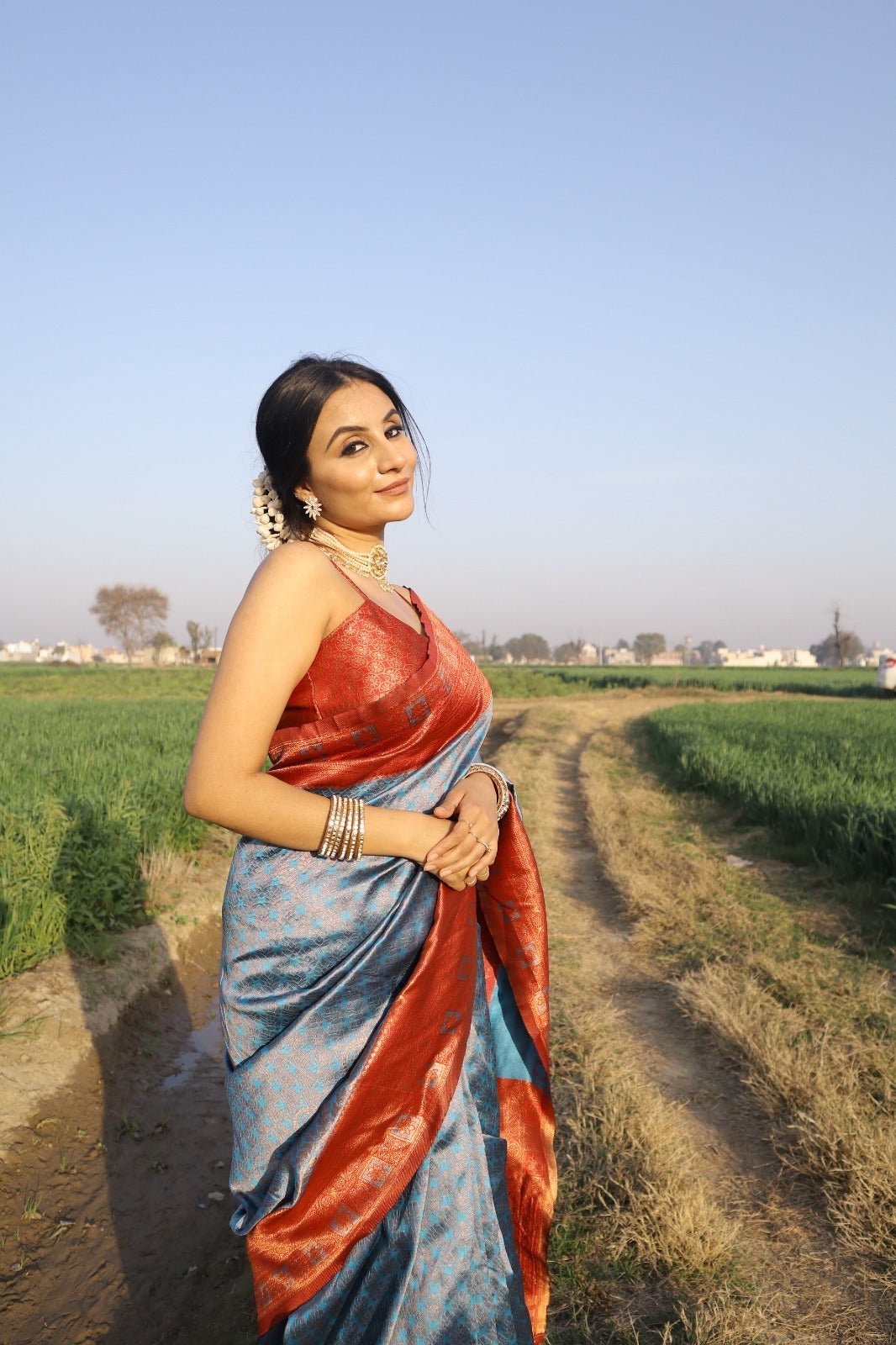 Firozi Pure Banarasi Silk Saree With Engrossing Maroon Blouse Piece - Almaari Fashion