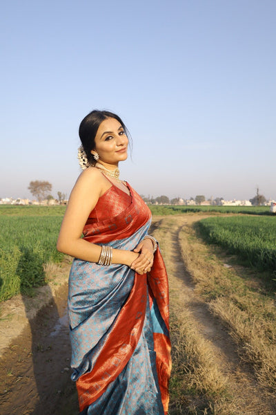 Firozi Pure Banarasi Silk Saree With Engrossing Maroon Blouse Piece - Almaari Fashion