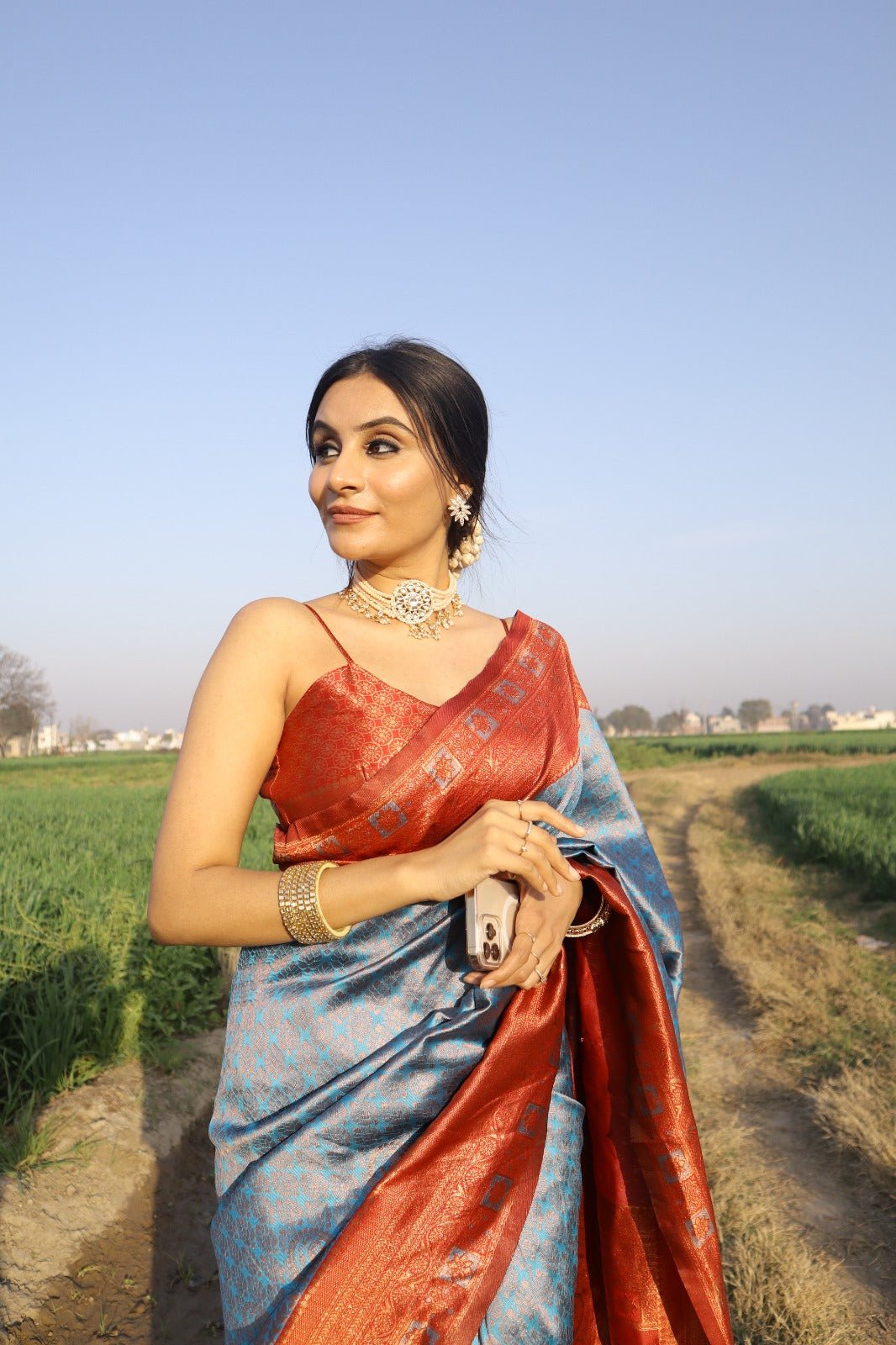 Firozi Pure Banarasi Silk Saree With Engrossing Maroon Blouse Piece - Almaari Fashion