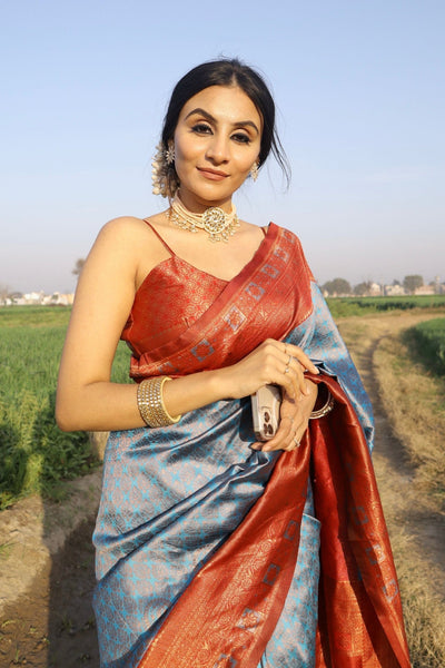 Firozi Pure Banarasi Silk Saree With Engrossing Maroon Blouse Piece - Almaari Fashion