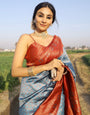Firozi Pure Kanjivaram Silk Saree With Engrossing Maroon Blouse Piece