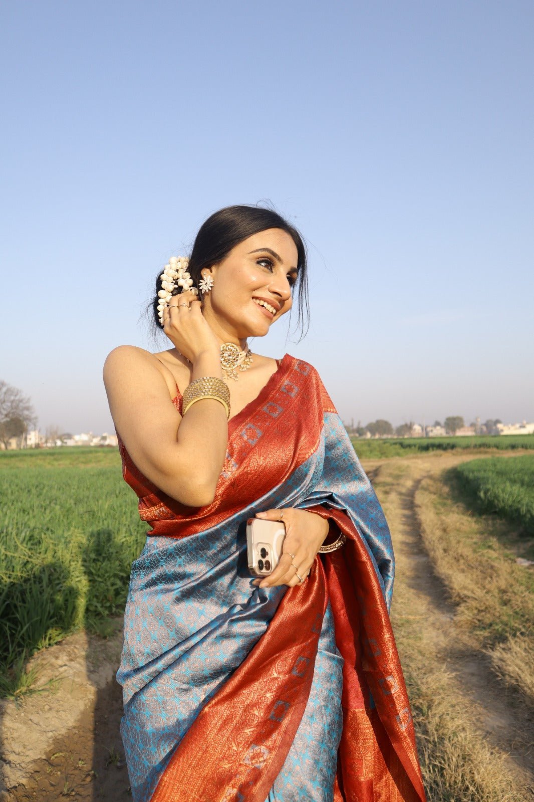 Firozi Pure Banarasi Silk Saree With Engrossing Maroon Blouse Piece - Almaari Fashion