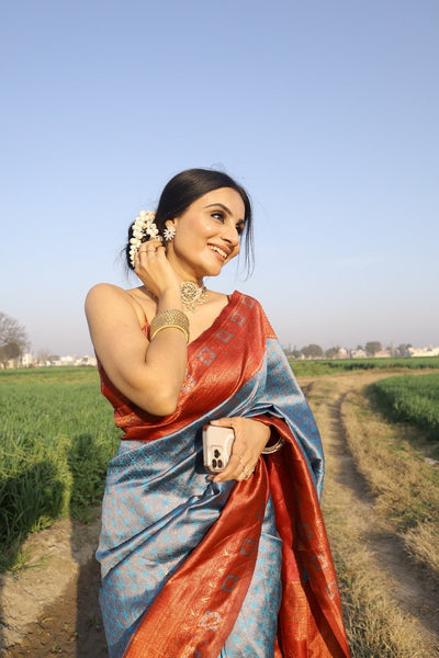 Firozi Pure Kanjivaram Silk Saree With Engrossing Maroon Blouse Piece - Almaari Fashion