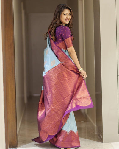 Firozi With Magenta Border Pure Kanjivaram Silk With Confounding Blouse Piece - Almaari Fashion