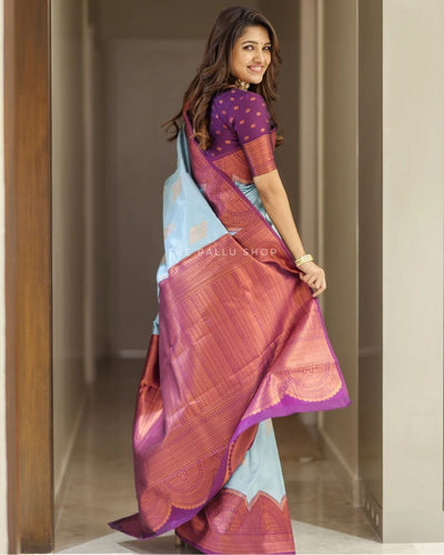 Firozi With Magenta Border Pure Pure Banarasi Silk With Confounding Blouse Piece - Almaari Fashion