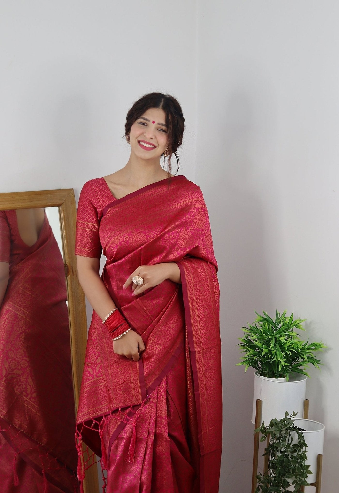 Gajari With Copper Zari Combination Pure Kanjivaram Silk Saree Stylish Blouse Piece - Almaari Fashion