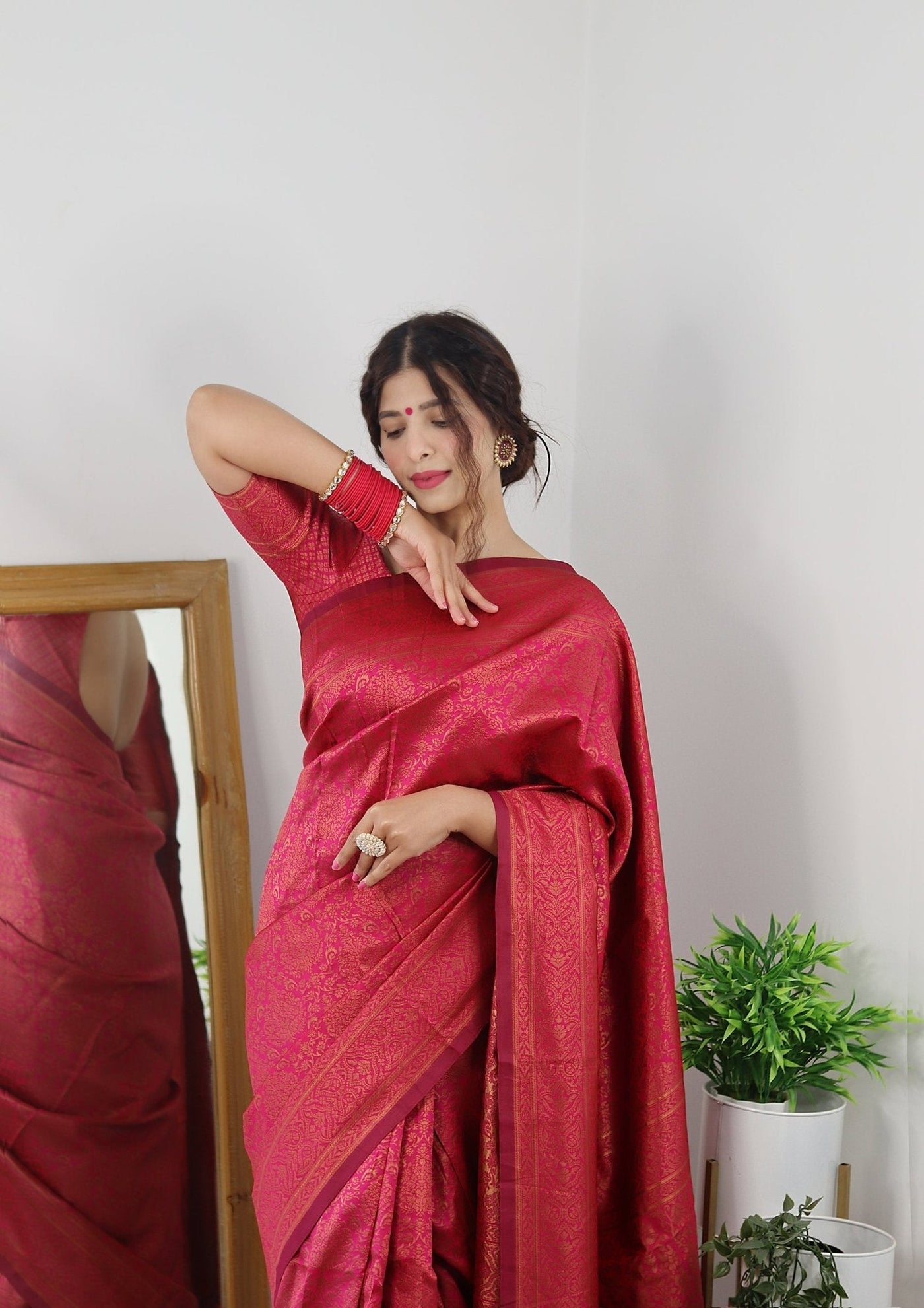 Gajari With Copper Zari Combination Pure Kanjivaram Silk Saree Stylish Blouse Piece - Almaari Fashion