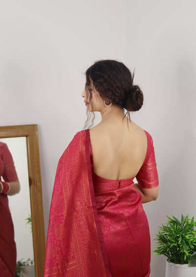 Gajari With Copper Zari Combination Pure Kanjivaram Silk Saree Stylish Blouse Piece - Almaari Fashion