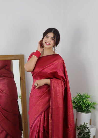 Gajari With Copper Zari Combination Pure Kanjivaram Silk Saree Stylish Blouse Piece - Almaari Fashion