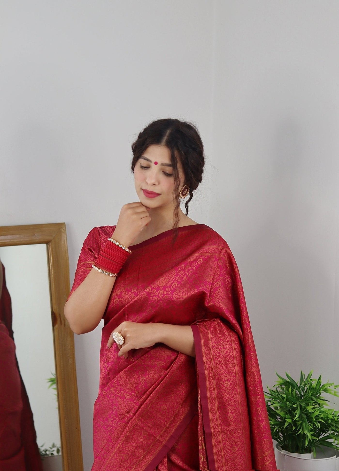 Gajari With Copper Zari Combination Pure Kanjivaram Silk Saree Stylish Blouse Piece - Almaari Fashion