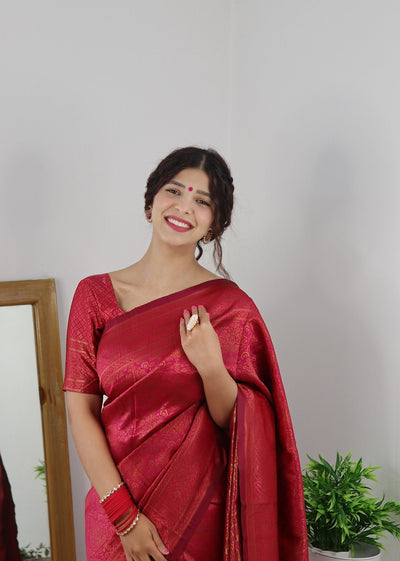 Gajari With Copper Zari Combination Pure Kanjivaram Silk Saree Stylish Blouse Piece - Almaari Fashion