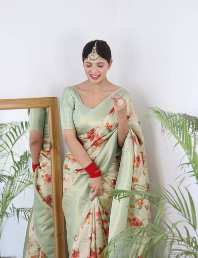 Digitally Printed Kuber Pattu Silk Saree, Exuding Regal Charm With Its Rich Pallu And Intricate Brocade Blouse, Elegantly Adorned With Enchanting Tassels On The Saree's Edge.