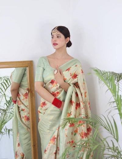 Digitally Printed Kuber Pattu Silk Saree, Exuding Regal Charm With Its Rich Pallu And Intricate Brocade Blouse, Elegantly Adorned With Enchanting Tassels On The Saree's Edge.