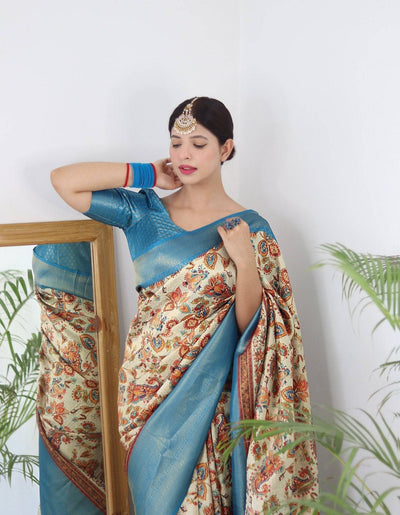 Digitally Printed Kuber Pattu Silk Saree, Exuding Regal Charm With Its Rich Pallu And Intricate Brocade Blouse, Elegantly Adorned With Enchanting Tassels On The Saree's Edge.