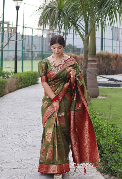 Green Pure Organza Silk Saree Stylish Blouse Piece