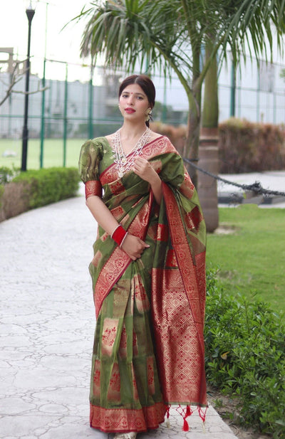 Green Pure Organza Silk Saree Stylish Blouse Piece