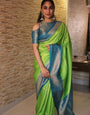 Green & Firozi Border Pure Kanjivaram Silk With Confounding Blouse Piece