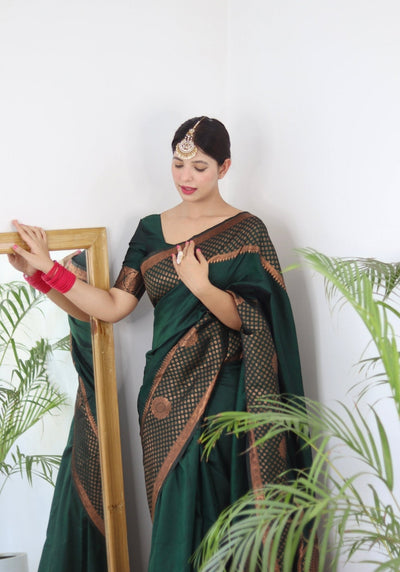 Green Pure Banarasi Silk Saree Weaved With Copper Zari - Almaari Fashion