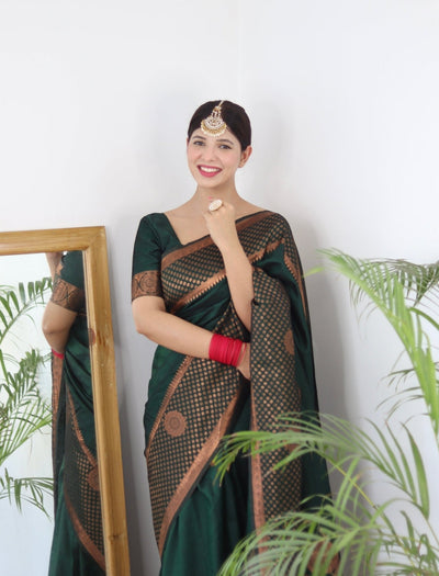 Green Pure Banarasi Silk Saree Weaved With Copper Zari - Almaari Fashion