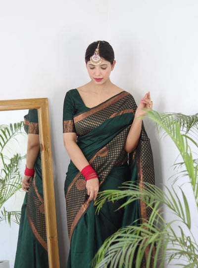 Green Pure Banarasi Silk Saree Weaved With Copper Zari - Almaari Fashion