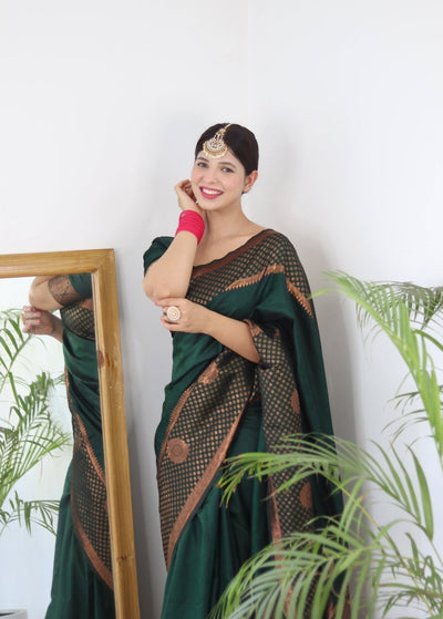 Green Pure Banarasi Silk Saree Weaved With Copper Zari - Almaari Fashion