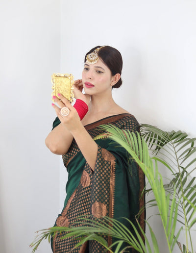 Green Pure Banarasi Silk Saree Weaved With Copper Zari - Almaari Fashion