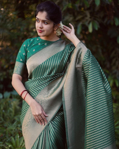 Green Pure Banarasi Silk Saree With Attractive Blouse Piece - Almaari Fashion