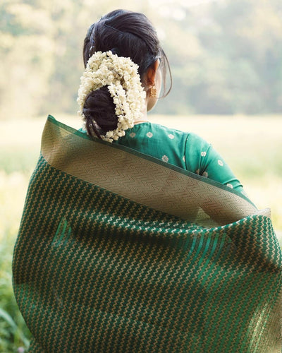 Green Pure Banarasi Silk Saree With Attractive Blouse Piece - Almaari Fashion