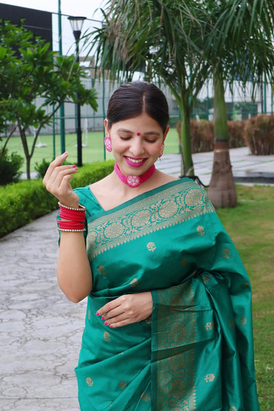 Green Pure Banarasi Silk Saree With Magnific Blouse Piece - Almaari Fashion