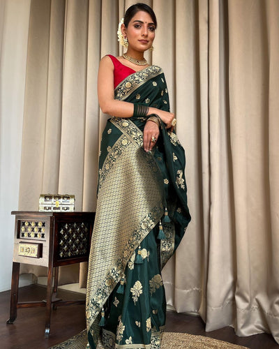 Green Pure Banarasi Silk Saree With Twirling Blouse Piece - Almaari Fashion