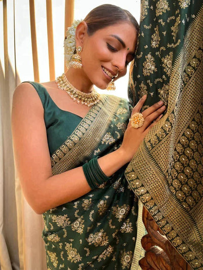 Green Pure Banarasi Silk Saree With Twirling Blouse Piece - Almaari Fashion