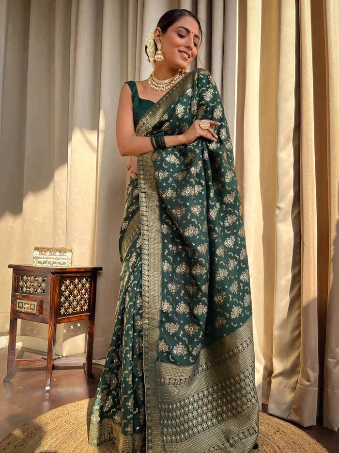 Green Pure Banarasi Silk Saree With Twirling Blouse Piece - Almaari Fashion