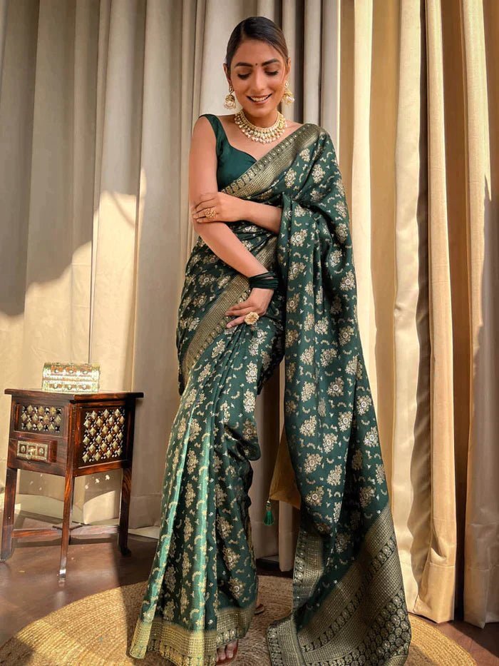 Green Pure Banarasi Silk Saree With Twirling Blouse Piece - Almaari Fashion