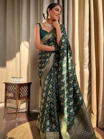 Green Pure Banarasi Silk Saree With Twirling Blouse Piece - Almaari Fashion