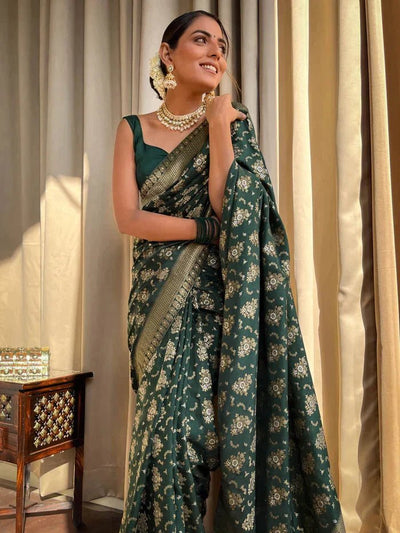 Green Pure Banarasi Silk Saree With Twirling Blouse Piece - Almaari Fashion