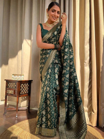 Green Pure Banarasi Silk Saree With Twirling Blouse Piece - Almaari Fashion