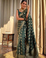 Green Pure Banarasi Silk Saree With Twirling Blouse Piece