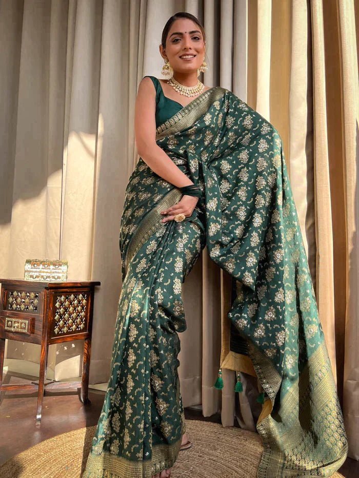 Green Pure Banarasi Silk Saree With Twirling Blouse Piece - Almaari Fashion