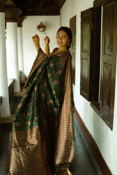 Green Pure Banarasi Silk Saree With Twirling Blouse Piece - Almaari Fashion