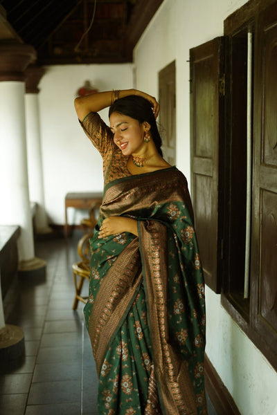 Green Pure Banarasi Silk Saree With Twirling Blouse Piece - Almaari Fashion