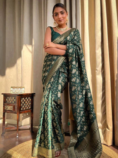 Green Pure Banarasi Silk Saree With Twirling Blouse Piece - Almaari Fashion