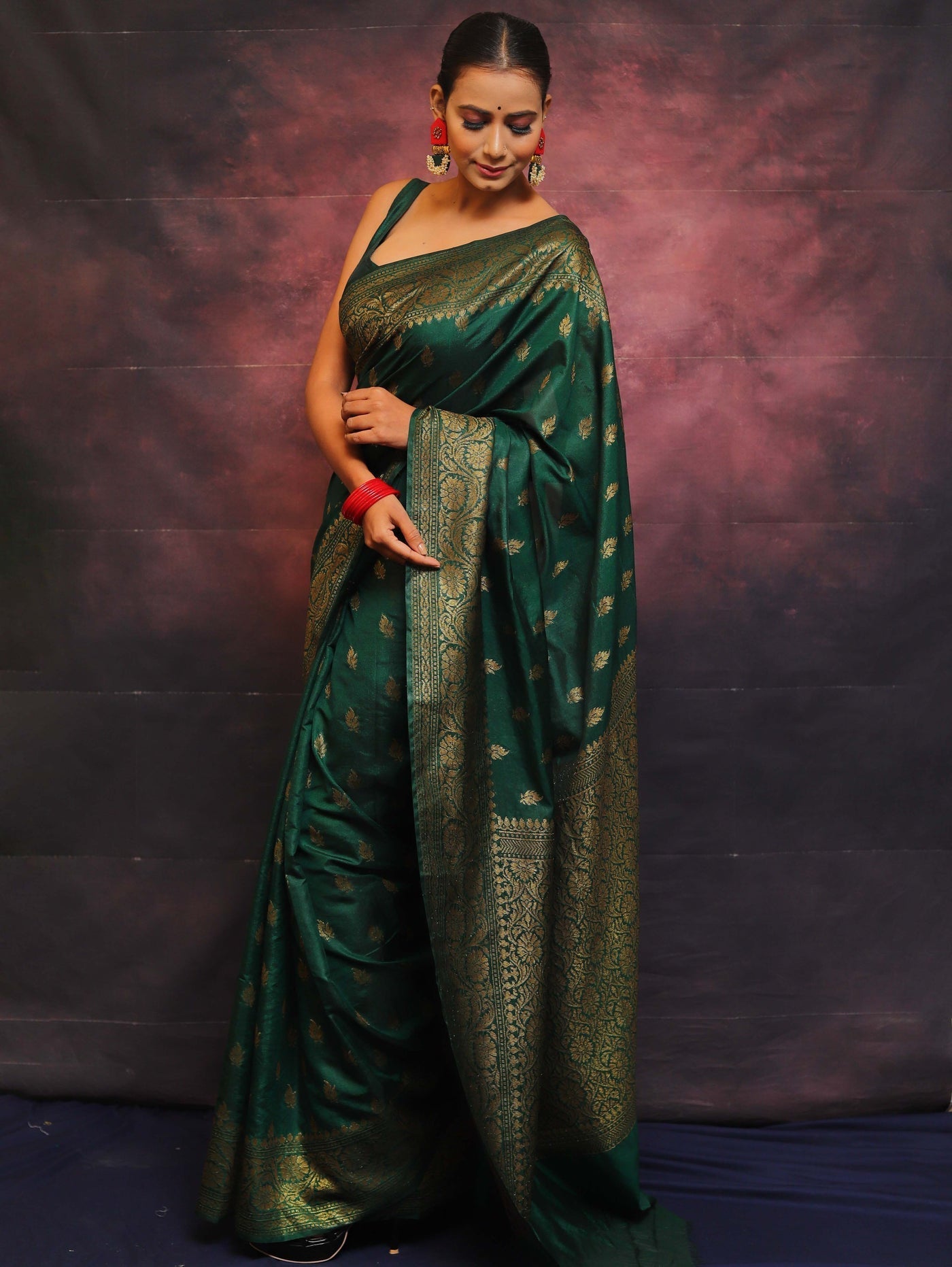 Green Pure Banarasi Silk Weaved With Copper Zari Comes With Heavy Banarasi Brocade Blouse - Almaari Fashion