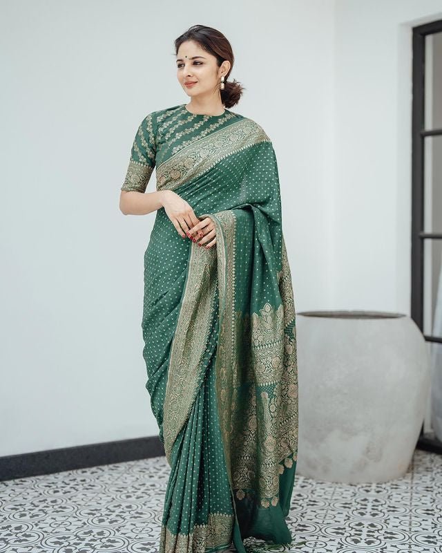 Green Pure Banarasi Silk Weaved With Copper Zari Comes With Heavy Banarasi Brocade Blouse - Almaari Fashion