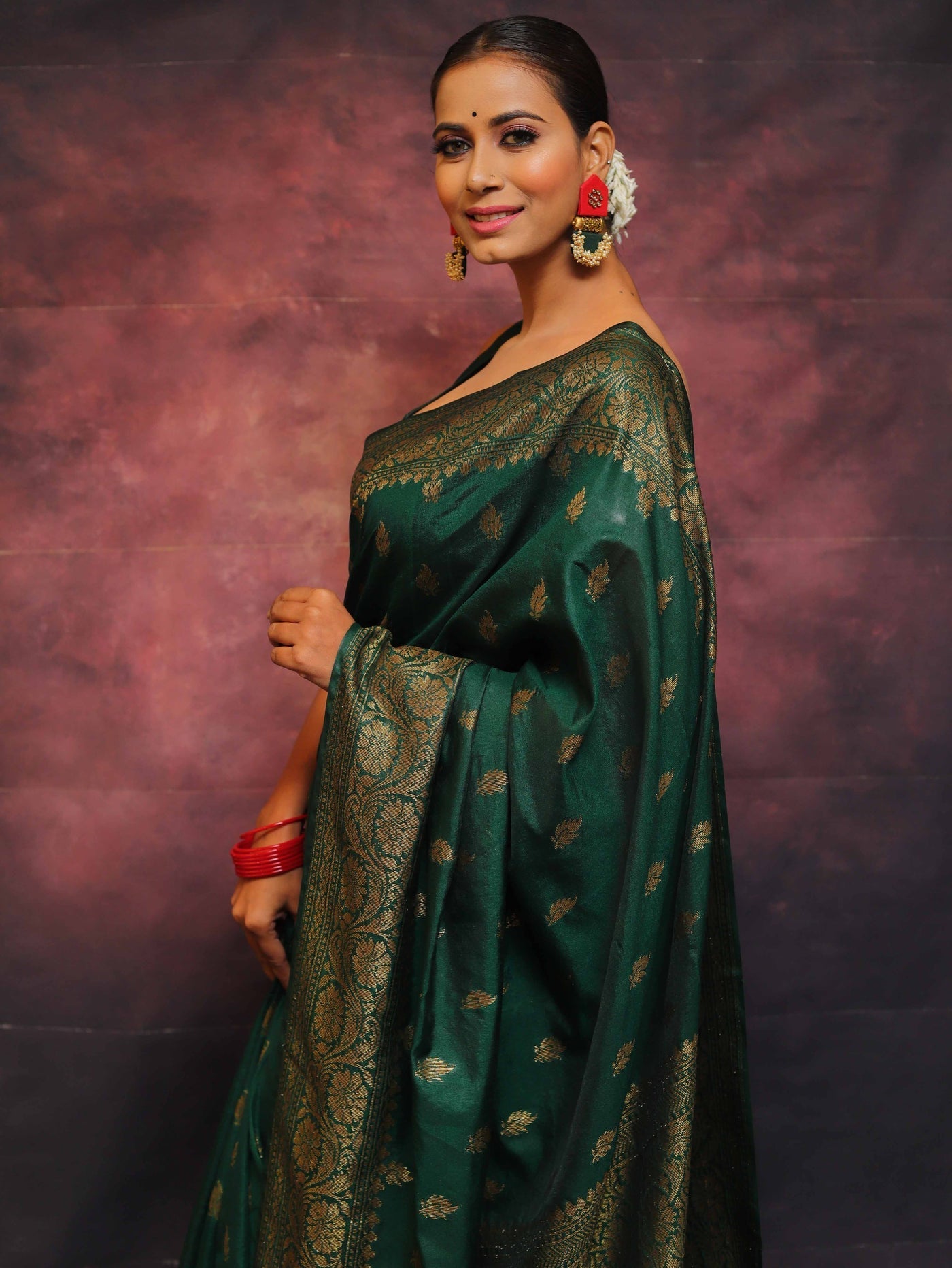 Green Pure Banarasi Silk Weaved With Copper Zari Comes With Heavy Banarasi Brocade Blouse - Almaari Fashion